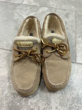 Sperry Suede Moccasin Slippers in Tan with Shearling Lining-7